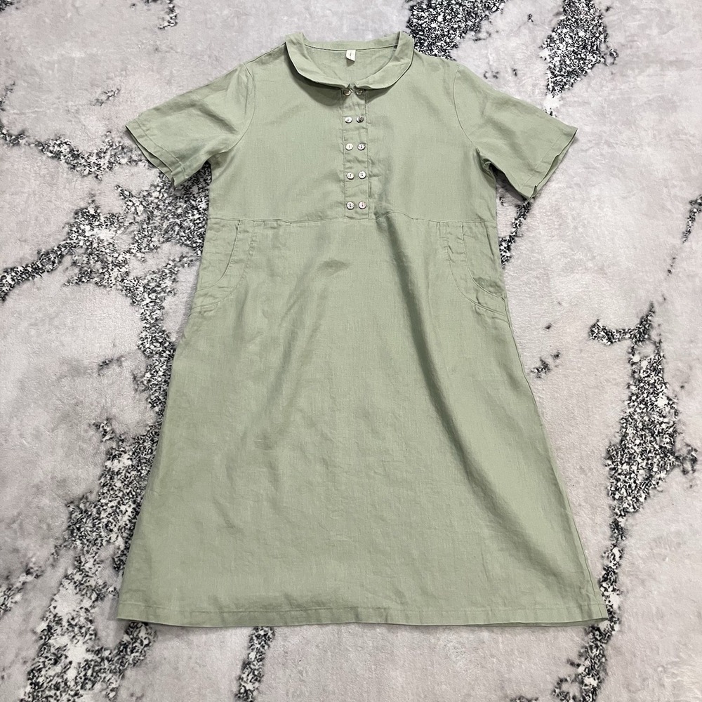 Grae Cove Sage Green Linen Blend Shift Dress Women's L Short Sleeve Pockets